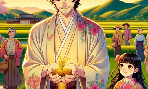 A man named Hiro, in his thirties, stands at the center of the scene with a warm smile on his face. He has slightly wavy black hair and wears a traditional lightweight kimono adorned with floral patterns. He is delicately planting a golden seed in fertile soil, symbolizing hope and magic. Next to him, an 8-year-old girl with long, smooth hair, wearing a colorful dress, watches in wonder, her eyes shining with curiosity as she holds a small basket of flowers she picked from the garden. In the background, a group of villagers of all ages gathers around Hiro, their faces lit up with excitement and hope, some carrying baskets and others gardening tools, ready to help with the planting. The scene takes place in a lush green field bathed in the golden light of the setting sun, with rice paddies stretching into the distance. Cherry blossom trees add delicate pink touches to the landscape, while rolling green hills rise on the horizon, creating a peaceful and magical atmosphere. The main focus shows Hiro planting the magical seed in the ground, surrounded by enthusiastic villagers, symbolizing unity and hope for a prosperous future through the magic of nature and human kindness.
