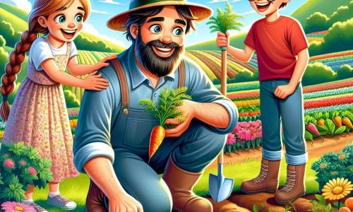 A joyful man with a smiling face and a bushy beard wears a straw hat and denim clothes. He is crouched in a green field, carefully planting seeds in the soil, his eyes sparkling with passion for nature. Next to him is a girl named Lily, about 8 years old, with braided brown hair and a floral dress, watching attentively while holding a small shovel. A boy named Max, 9 years old, wearing glasses and a red t-shirt, stands a bit further away, holding a freshly harvested carrot with a big smile on his face. The scene takes place in a sunny field surrounded by green hills, with rows of colorful vegetables and vibrant flowers swaying in the gentle breeze. The main moment shows the farmer and the children planting seeds together, symbolizing a love for nature and learning about the cycle of life.