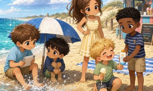 Five kids on a sunny golden-sand beach: Leo, ~12, light chestnut messy hair, big gentle eyes, pale blue T‑shirt and khaki shorts, sitting at the water’s edge smiling reassuringly at a lost little boy under a nearby umbrella while holding a white notebook; Mara, ~14, long brown hair in a ponytail, yellow-and-white striped lightweight dress, standing by the towel with a hand on her hip, watching protectively; Theo, ~12, tousled black hair, red T‑shirt, exuberant, running into the sea and splashing water with his feet; Jasper, ~12, blond hair, light green T‑shirt, laughing while eating a melting vanilla ice cream, sandy knees; Malik, ~12, short hair, olive skin, navy-striped T‑shirt, calm, standing next to Mara offering sunscreen to Jasper. The setting: bright beach with turquoise waves, low dunes and beach grass, a colorful kiosk reading “Ice Cream” and red-and-white striped parasols, light blue sky with a few fluffy clouds and a brief rain in the background just stopped. Mood: warm, joyful, children helping each other on the shore—Theo jumping into the water, Jasper enjoying melting ice cream, Malik applying sunscreen, Mara supervising, Leo sharing a reassuring smile with the lost boy, with splashes and visible grains of sand conveying friendly expressions and small acts of kindness.