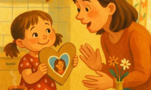 Uma menina de 4 anos, Lili, sorridente e tímida, cabelos castanho-claro em dois rabos, vestido vermelho às bolinhas brancas, estende um cartão grande em forma de coração com uma pequena foto colada ao centro para a mãe; a mulher, cerca de 32 anos, rosto suave e cabelos castanho médio na altura dos ombros, olha surpresa e emocionada, braços abertos pronta para o abraço, junto a uma mesa de cozinha de madeira com uma xícara de café fumegante, um vaso com três flores silvestres e lápis de cor espalhados; cozinha acolhedora com luz dourada da manhã, azulejos brancos, prateleiras de madeira e cortina floral; cena terno do presente e emoção; estilo: pintura acrílica, cores vivas, texturas espessas, traços suaves e contornos arredondados, atmosfera luminosa e acolhedora.