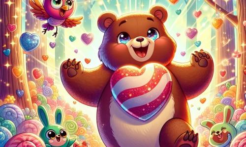 Un grande orso bruno, con un pelage morbido e occhi scintillanti di gioia, balla con entusiasmo in una foresta incantata, circondato da colori vivaci e luci scintillanti. Tiene una caramella gigante a forma di cuore in una zampa, sorridendo a denti stretti. Accanto a lui, un piccolo uccello dalle piume arcobaleno, con un'aria birichina e occhi brillanti, vola in cerchio, cantando allegramente e battendo le ali. Più lontano, una famiglia di conigli dalle grandi orecchie, con sorrisi radiosi, osserva la scena ridendo, pronti a unirsi alla festa. La scena si svolge in una foresta magica, dove gli alberi sono coperti di caramelle colorate e il terreno è tappezzato di fiori di zucchero. Raggi di sole filtrano attraverso il fogliame, illuminando l'atmosfera di un dolce calore. L'orso e i suoi amici celebrano insieme una grande festa delle caramelle, ballando e ridendo, circondati da dolci brillanti, creando un'atmosfera gioiosa e ludica.