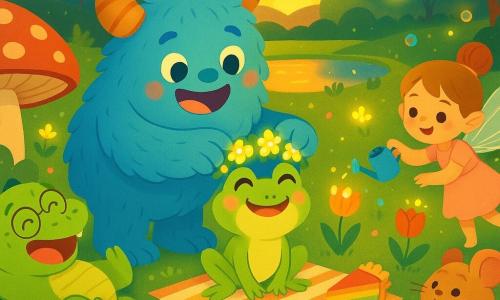 Un monstruo de peluche azul llamado Pompón, alegre y travieso, sonrisa amplia y ojos brillantes, cuernos de caramelo, patas como nubes y pelaje esponjoso, pone una corona de flores luminosas sobre la cabeza de Greta la rana; Bartolo, el pequeño dragón regordete y amistoso con escamas verdes brillantes y gafas redondas caídas en la nariz, ríe en el suelo junto a un gran hongo rojo; Lila, una niñafée delgada con vestido en tonos pastel y alas translúcidas que brillan, riega tulipanes cantores; Matías, el ratón pastelero pequeño y redondo con delantal enharinado, sostiene un trozo de tarta arcoíris; Greta, la rana contenta y saltarina con ojos redondos y corona de flores, salta cerca de un lago brillante; lugar: claro del Bosque Saltarín al atardecer con hierba verde salpicada de flores luminosas, hongos gigantes rojos y azules, luciérnagas y un lago espejo; escena: fiesta tranquila y cómplice alrededor de una manta a rayas con burbujas de jabón y confeti, luz dorada suave, composición centrada en Pompón colocando la corona, estilo vectorial nítido, colores vivos, texturas suaves y contornos redondeados.