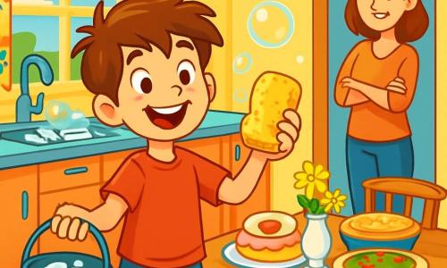 Un niño de 10 años, Lucas, con el cabello castaño alborotado y ojos brillantes de alegría, está de pie en una cocina luminosa, rodeado de burbujas de jabón. Lleva una camiseta roja y un pantalón corto azul, y sonríe con entusiasmo, sosteniendo una esponja en una mano y un balde de agua en la otra. Su mamá, una mujer de unos 35 años, con cabello castaño y una sonrisa dulce, está en la entrada de la cocina, con los brazos cruzados, visiblemente sorprendida y divertida por el esfuerzo de su hijo. La cocina está decorada con colores vivos, con paredes amarillas, cortinas de flores y una mesa de madera llena de deliciosos platillos. Lucas está limpiando la cocina para preparar una sorpresa para el Día de la Madre, mientras risas y burbujas flotan a su alrededor, creando una atmósfera alegre y cálida.