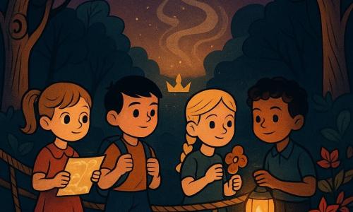 Hay cuatro niños: Alba, 5 años, coleta castaña clara, grandes ojos curiosos, sostiene un pequeño cuaderno y mira una carta luminosa; Leo, 5 años, cabello negro corto, postura valiente, sujeta una cantimplora, está al centro-izquierda listo para avanzar; Nora, 5 años, trenza rubia, expresión astuta, tiene una galleta de miel partida en cuatro y mira flores de papel al centro-derecha; Tomás, 5 años, rizos oscuros, sostiene una lámpara de papel encendida a la derecha que proyecta luz cálida sobre sus rostros. El escenario: un viejo puente de cuerda sobre un río oscuro, un bosque encantado con troncos nodosos y hojas verdes, y al fondo un claro con una piedra y una corona brillante medio oculta por una risa de humo gris en espiral que destella. Atmósfera crepuscular con estrellas nacientes y siluetas de árboles estilizadas. Situación: los cuatro cruzan con cautela el puente; la lámpara de Tomás ilumina y disipa el humo seductor, la carta luminosa de Alba guía al grupo, las flores de papel junto al borde engañan la vista y la corona aparece tras el humo como señuelo; composición centrada, expresiones decididas y suaves, fuerte contraste entre la luz cálida y el humo frío, con texturas de cuerda, madera y polvo de humo brillante.