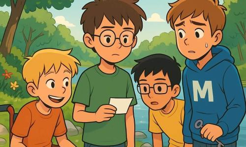 Er zijn 4 kinderen: - Timo: een 10-jarig jongen met rommelig bruin haar, die ronde bril draagt en een groene t-shirt heeft. Hij staat in het midden, met een klein stukje papier in zijn hand, geconcentreerd kijkend. - Sam: een 11-jarig jongen met kort blond haar en een ondeugende glimlach. Hij zit in een rode rolstoel, links van Timo, en kijkt aandachtig om zich heen. - Yasin: een 10-jarig jongen met zwart haar en rechthoekige bril. Hij staat rechts van Timo, voorovergebogen met een nieuwsgierige blik, klaar om vragen te stellen. - Milo: een 12-jarig jongen met kastanjebruin haar en een grote blauwe hoodie met een M op de voorkant. Hij staat iets op de achtergrond, met een sleutel in zijn hand, er nerveus uitziend. De locatie is aan de oever van een rustige rivier, omringd door groene bomen en kleurrijke bloemen. De zon schijnt en creëert glinsterende reflecties op het water. Platte stenen komen uit de grond, wat een perfecte plek biedt om te zitten en te observeren. De belangrijkste situatie toont de kinderen die praten over een mysterieuze verdwijning van jas, waarbij Milo zijn fout uitlegt, terwijl Timo aandachtig luistert, Sam grappen maakt om de sfeer te verlichten, en Yasin aantekeningen maakt in een klein notitieboekje. De sfeer is zowel serieus als vriendschappelijk, met een vleugje opwinding in de lucht.