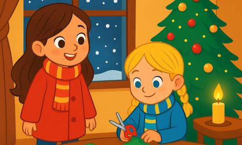 Hay 2 personajes principales: - Alba: una niña de 5 años, con largos cabellos castaños y ojos brillantes. Lleva un abrigo rojo vivo y una bufanda a rayas. Está de pie cerca de la ventana, mirando caer la nieve. - Lucía: una niña de 5 años, con trenzas rubias y ojos azules. Lleva un abrigo azul y una bufanda rayada. Está sentada en el suelo, rodeada de papeles de colores y tijeras, creando una tarjeta de Navidad. El lugar es una acogedora sala de estar decorada para Navidad. Un gran árbol brilla al fondo, adornado con bolas rojas y doradas, con una estrella brillante en la cima. La habitación está iluminada por la suave luz de una vela, y copos de nieve bailan afuera a través de la ventana. La situación principal muestra a Alba y Lucía haciendo una tarjeta de Navidad mágica para su vecina, la dulce Sra. Rosa. Las dos amigas están rodeadas de materiales coloridos, con sonrisas alegres en sus rostros, llenas de entusiasmo y creatividad.