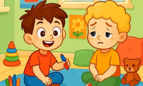 Un ragazzo di 6 anni, di nome Marco, con capelli castani disordinati e grandi occhi curiosi, è seduto su un tappeto azzurro, un sorriso gioioso illumina il suo viso. Tiene una matita colorata in mano, pronto a disegnare. Accanto a lui, un altro ragazzo, Luca, anch'egli di 6 anni, con capelli biondi ricci e occhi tristi, guarda Marco con un leggero sorriso, seduto sullo stesso tappeto, con le mani appoggiate sulle ginocchia. La scena si svolge in un'aula luminosa, con pareti dipinte di verde chiaro, poster colorati appesi e giocattoli sparsi sul pavimento. Le finestre lasciano entrare la luce del sole, creando un'atmosfera calda e accogliente. Marco e Luca condividono un momento di calma in un angolo tranquillo della classe, circondati da giocattoli e cuscini, mentre si sostengono a vicenda in un momento di dolcezza e amicizia.