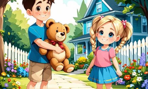 An 11-year-old boy, Leo, stands in the center of the image with messy brown hair and sparkling curious eyes. He wears a bright blue t-shirt and beige shorts, holding a large teddy bear under his arm, displaying a radiant smile of excitement and nervousness. To his right is his neighbor Emily, an 11-year-old girl with braided blonde hair and round glasses, joyfully smiling while holding a small box of colorful candies. She wears a floral dress and seems ready to share her treat with Leo. The setting is in front of Lincoln Middle School, a large red brick building with bright windows and colorful murals on the walls. Children are playing and laughing around them, creating a lively and joyful atmosphere. The main scene shows Leo and Emily standing in front of the school, ready to enter for their first day, surrounded by enthusiastic classmates, illustrating the excitement and apprehension of the new school year.