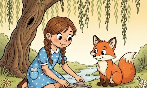 An 8-year-old girl, excited and serene, brown hair in braids, round bright eyes, simple blue polka-dot dress and dirty knees, kneeling on the bank arranging flat pebbles into a small bridge with a shiny heart-shaped stone in her pocket; a red fox with curious eyes, soft fur and a bushy tail sits a few paces on the opposite bank watching kindly with one ear up; an old weeping willow with drooping wide branches behind the girl, textured bark and long thin leaves touching the water casting dappled shade; a shallow stream with clear sunlit water, smooth pebbles, green moss and yellow and white wildflowers, warm pastel colors; main scene: the girl patiently and carefully builds the pebble bridge to help the fox cross, a tender moment in close-up in rounded, exaggerated retro cartoon style.