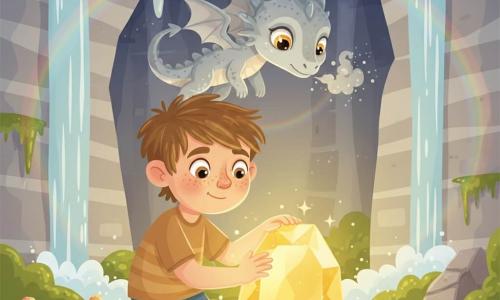Un ragazzo di 10 anni, volto rotondo con lentiggini, capelli castano chiaro spettinati, sguardo meravigliato e dolce, lieve sorriso, inginocchiato con una mano su una grande gemma luminosa che pulsa luce dorata. Un piccolo drago argentato chiamato Zefiro, occhi dorati brillanti e ali sottili, vola poco sopra e dietro di lui con la testa inclinata e espressione protettiva, soffiando una nuvola di fumo scintillante. La grotta nel cuore della valle: pareti di pietra lisce e striate, cascate minerali argentate che riflettono archi colorati, stalattiti tonde, pavimento coperto di muschio verde e piccole gemme sparse. Atmosfera: luce calda e dorata dalla gemma, arcobaleni diffusi nella leggera nebbia, atmosfera magica e serena, contrasti netti e colori vivaci in stile flat design.