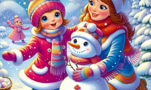 Ein 3-jähriges Mädchen namens Mia mit großen, strahlenden Augen und kalten, rosigen Wangen lächelt fröhlich, während sie einen Schneemann baut. Sie trägt einen leuchtend rosa Mantel, eine Wollmütze mit Pompons und passende Handschuhe, ihre kleinen Hände sind voller Schnee. Neben ihr hilft ihre Mama, eine etwa 30-jährige Frau mit braunen, hochgesteckten Haaren, die einen blauen Mantel und einen bunten Schal trägt, indem sie eine Karotte als Nase auf den Schneemann setzt. Sie lächelt stolz, während sie ihre Tochter ansieht. Die Szene spielt in einem verschneiten Garten, wo der Boden mit einer dicken Schicht funkelnden Schnees unter der Wintersonne bedeckt ist. Bäume mit schneebedeckten Ästen umgeben den Garten und schaffen eine magische, friedliche Atmosphäre. Mia und ihre Mama erwecken ihren Schneemann zum Leben, lachen und haben Spaß zusammen, während der Schneemann mit seinem Filzhut und dem roten Schal bereit scheint, in dieser bezaubernden Winterlandschaft lebendig zu werden.