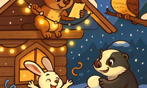 Milo, a small marmot with soft brown fur and large sparkling eyes, is perched on a wooden beam holding a shimmering string of lights. He looks excited and determined, ready to decorate for New Year's. Sasha, a lovely hare with big ears and snow-white fur, dances joyfully below, surrounded by colorful ribbons and smiling brightly. Boris, a stout badger with black and white fur, is stacking snowballs into a pyramid, showing a focused and amused expression. Greta, a wise owl with brown and golden feathers, is perched on a branch, watching the scene with a kind gaze and a slight smile. The setting is a large wooden chalet decorated with fairy lights, with gentle snowflakes falling outside and majestic mountains in the background under a starry sky. Milo discovers a secret message on an old napkin, intrigued and determined to uncover the hidden mystery before the festivities begin.