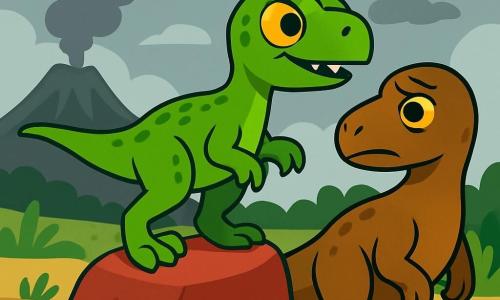 Un vélociraptor con squame verdi brillanti e occhi vivaci, con un'espressione determinata e coraggiosa, si trova su una roccia rossa, pronto a esplorare. Ha artigli affilati e una lunga coda che lo aiuta a mantenere l'equilibrio. Vicino a lui, la sua mamma, un grande vélociraptor con squame marroni, lo guarda con preoccupazione, i suoi occhi pieni d'amore e prudenza. Il cielo è grigio, con nuvole minacciose, e in lontananza si vede un vulcano che fuma, creando un'atmosfera di tensione. Ricky, il vélociraptor, si prepara a partire alla ricerca di cibo, consapevole dei pericoli che lo circondano, mentre il vento soffia dolcemente, portando con sé odori di fumo e avventura.