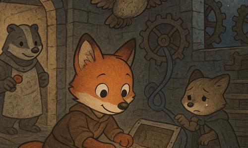 A small anthropomorphic fox named Sunny with bright russet fur, round curious eyes and a determined smile kneels before an open stone chest, gently holding a nacreous pearl and pressing a red wax seal onto the chest; a shy kit in a gray cloak with drooping ears and tearful eyes is tangled in a blue ribbon caught on a gear just behind Sunny, reaching a paw to help; the old owl Mable with gray-brown feathers and wise eyes hovers near the tower ceiling looking down with approving light, while Mrs. Badger Bella in a flour-dusted apron stands in the doorway lit by a warm lantern holding a small red wax stamp; the scene is the upper room of a broken clock tower—worn stone walls, creaking wooden stairs, large patinated iron gears, silver moonlight through a broken window and floating dust—Sunny seals the magical pearl in the chest, creating a soft halo of light as the trapped kit is soothed and the villagers watch in a warm, hopeful nocturnal atmosphere.