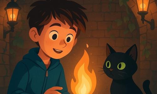 A 10-year-old boy named Leo, with tousled brown hair and wearing a blue jacket, gazes in wonder at a gentle amber flame in an underground room. His eyes sparkle with curiosity and fascination. Next to him, a black cat named Soot, with piercing green eyes, sits on its hind legs, observing the scene with a wise expression. The cat is to Leo's right. The background features an old brick wall covered in ivy, with street lamps gently leaning inward, casting a warm, golden light. The main scene depicts Leo and Soot in a magical moment, where the flame seems to calm and glow softly, filling the room with a comforting and soothing light.