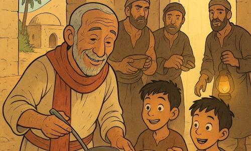 A warm-faced, wrinkled man (Yusuf) in a simple beige tunic and worn red scarf timidly determinedly pours thick soup from a large metal ladle into a bowl on a clay pot at center; to his left a smiling market boy (about 12) with short dark hair holds a flatbread, to his right a thin lively boy (about 11) holds a lit paper lantern with wonder; three male raiders (25–35) — a tall muscular tattooed man hesitating with a bowl of soup, a smaller tired-faced man who has just grabbed bread, and a reserved man watching a glowing doorway with his hand on a half-lit lamp — stand in a small desert shrine with a low ivory dome, cracked sandy stone walls, a shallow pool, palm trees and golden dunes behind, scattered stones and rolled rugs; Yusuf offers soup and lights small paper lamps, the warm meal and soft lamp light contrast with the harsh raiders while a floating door of light glows behind them; warm ochre, brown and red palette, soft contrasts, clear expressive lines suitable for children.