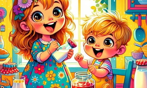 Una bambina di 4 anni, di nome Anna, con lunghi capelli castani e occhi scintillanti di gioia, è in piedi su una sedia, con un grande sorriso sul volto. Indossa un vestito a fiori colorati e tiene una bottiglia di latte tra le mani. Accanto a lei, suo fratello di 2 anni, Luca, con i capelli biondi in disordine e le guance rotonde, è seduto sul bordo del tavolo, con gli occhi spalancati per l'emozione, mentre punta un barattolo di marmellata. La scena si svolge in una cucina soleggiata, con pareti gialle e finestre aperte che lasciano entrare la luce. Sul tavolo ci sono pane, un barattolo di marmellata rossa e briciole sparse, testimoni della loro gioiosa preparazione della merenda. Anna sta cercando di aprire il barattolo di marmellata, con un'espressione determinata, mentre Luca, divertito, assaggia una goccia di marmellata caduta sul tavolo, ridendo di felicità.