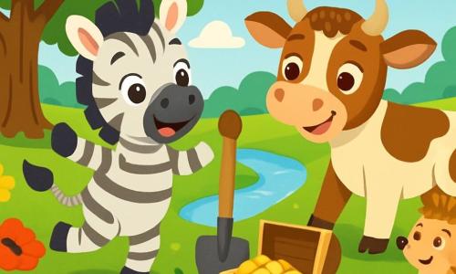 Mały zebra w szare i białe paski, z dużymi, błyszczącymi oczami, skacze z radości po kwiecistej łące, otoczony czerwonymi makami i żółtymi stokrotkami. Obok niego młoda krowa w brązowo-białym umaszczeniu, z przyjaznym uśmiechem, śmieje się do Kacpra, jej duże uszy są postawione, podczas gdy mały jeż z złotymi kolcami, siedząc na kamieniu, obserwuje ich z ciekawością, jego oczy lśnią ekscytacją. W tle majestatyczny dąb oferuje cień, a lśniący strumień wije się przez zieleń, odbijając niebieskie niebo z białymi chmurami. Kacper i jego przyjaciele szukają ukrytego skarbu, radośnie przekopując ziemię drewnianymi łopatami, pełni entuzjazmu i przyjaźni.