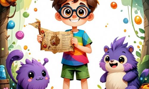 An 11-year-old boy named Oliver, with tousled brown hair and round glasses sliding down his nose, stands at the center of the scene, his eyes sparkling with excitement and a big smile on his face. He wears a colorful t-shirt and shorts, enthusiastically holding a treasure map. Beside him is a Wobblehorn, a fun creature with purple fur, a round belly, and a quirky hat, laughing with sparkling eyes. The setting is an enchanted clearing in the heart of Wobbly Woods, where trees dance gently in the wind, their twisted trunks and colorful leaves creating a magical atmosphere. Sun rays filter through the foliage, illuminating the ground scattered with golden leaves and small sparkling treasures. The scene depicts Oliver and the Wobblehorn dancing, with Oliver making comical movements with his arms outstretched, while the Wobblehorn sways side to side in laughter, surrounded by colorful jewels and chocolate coins.