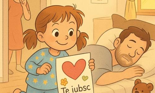 O fetiță de 6 ani, veselă și concentrată, cu părul șaten deschis prins în cozi ușor ciufulite și ochi alunați, poartă pijama cu stele și, făcând o moacă ștrengărească, merge pe vârfuri spre dormitor ținând un desen colorat și o felicitare cu scris mare și stângaci „Te iubsc”; tatăl, circa 35 de ani, cu barbă, doarme pe o parte în pat cu cearșafuri încrețite, lumina blândă de dimineață pe obraz, iar mama, circa 32 de ani, în șosete și rochie simplă, zâmbește tandru în cadrul ușii, ridicând o mână ca să șoptească o indicație; pe noptieră stă un ursuleț de pluș maro; camera e luminoasă și caldă, pereți crem cu desene de copii, parchet deschis și o comodă pastel, atmosferă tandră și complice, prim-plan pentru a evidenția emoțiile.