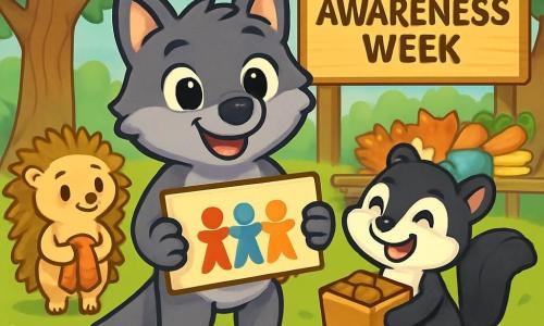 Lenny, a small wolf with soft gray fur and bright, excited eyes, stands at the center of the scene holding a colorful sign that says "Help Your Friends!" with a big smile on his face. Next to him, Ruby, a little raccoon with black and white fur and sparkling eyes, jumps for joy holding a box of nuts, ready to share. In the background, Pip, a shy hedgehog with golden spines, looks on with a timid smile, holding a worn scarf in her small paws. The scene takes place in a sunny clearing in Willow Woods, surrounded by majestic trees with vibrant green leaves and colorful flowers dancing in the wind. At the center, a large wooden sign displays the message "Poverty Awareness Week," while a group of animals gathers around a table filled with food and blankets. Lenny and his friends are happily busy preparing an event to help animals in need, sharing smiles and good cheer, illustrating solidarity and mutual aid within their community.