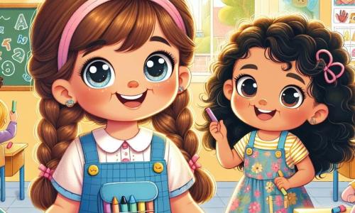 Clara, uma menina de 6 anos com grandes olhos brilhantes e cabelos castanhos trançados, está de pé no centro do palco, sorridente e cheia de entusiasmo, vestindo um uniforme escolar azul e uma linda mochilinha colorida nas costas. Ao seu lado, Sofia, outra menina de 6 anos com cabelos cacheados e negros, está rindo, vestida com um vestido florido, segurando um giz colorido na mão, pronta para desenhar. O cenário se passa em uma sala de aula iluminada, com paredes pintadas de amarelo pastel, cartazes coloridos no quadro negro e janelas que deixam entrar a luz do sol, iluminando as mesas de madeira onde outras crianças estão sentadas, concentradas em seus desenhos. A situação principal mostra Clara e Sofia se preparando para uma grande apresentação sobre o tema do alfabeto, cercadas por seus colegas que desenham e se divertem, criando uma atmosfera alegre e colaborativa.