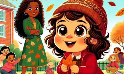 A one-year-old girl with big bright eyes and curly brown hair is sitting on the grass, a big smile on her face, amazed by the autumn leaves falling around her. She is wearing a small red jacket and a wool hat, holding an orange leaf in her little hands. Next to her is her teacher, Miss Maple, a woman in her thirties with long wavy hair, dressed in a green leaf-patterned dress, smiling as she watches the little girl. She stands with her arms crossed, surrounded by several children playing around them. The setting is a school garden filled with trees with vibrant leaves, large orange pumpkins, and a clear blue sky. Leaves swirl in the air, creating a joyful autumn atmosphere. The main scene shows the little girl in awe, raising her arms to catch a falling leaf, while Miss Maple explains the beauty of autumn, surrounded by the laughter of children playing in the leaves.