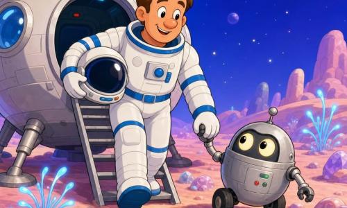 Luca è un uomo adulto dal viso rotondo e sorridente, capelli castani corti; indossa una tuta spaziale bianca lucida con bande blu e porta il casco sotto il braccio, è gioioso e meravigliato mentre posa il primo piede sul suolo di un nuovo mondo. Pippo è un piccolo robot tondo non umano, carrozzeria argentata opaca, due grandi occhi rotondi luminosi e piccole ruote, tiene la mano di Luca e osserva curioso a lato. Dietro di loro è parcheggiata un'astronave tondeggiante bianca con luci rosse e verdi, scala spiegata e oblò brillanti. Il suolo è sabbia rosa pallido con pietre traslucide e piccole piante blu luminose che ondeggiano. Scena centrata, colori vivaci, contorni netti, stile cartoon anni '90, atmosfera calma e calda, espressione di meraviglia e amicizia mentre scendono la scala.