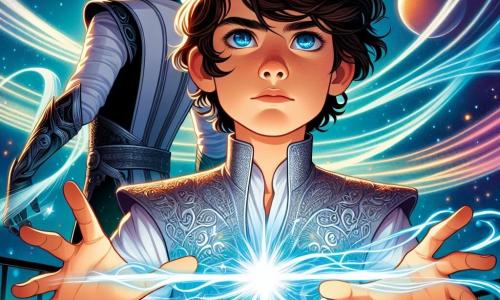 In the center of the image, Alaric Thorne, a twelve-year-old boy, stands proud and determined. He has tousled brown hair, deep blue eyes, and wears a silver tunic adorned with shimmering runes. His face shows intense concentration as he channels powerful magic, a bright light emanating from his hands. Beside him, his father, a man in his forties with black hair sprinkled with gray, displays a look of pride and protection. He is dressed in futuristic armor, firmly holding the spaceship's control panel, ready to support his son in this crucial moment. In the background, the spaceship, the Celestial Dreamer, majestically floats in the vastness of space, surrounded by colorful planets and twinkling stars. Flashes of light and swirling shadows create a dynamic and magical atmosphere. The scene depicts Alaric unleashing powerful light energy to combat a dark figure looming on the horizon, symbolizing the evil sorcerer. The tension is palpable, and hope shines in Alaric's eyes as he prepares to confront the darkness.