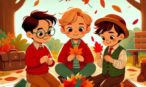 Tres chicos, Lucas, Mateo y Samuel, de 8 a 9 años, están en el centro de un parque en otoño. Lucas, con cabello castaño y gafas, lleva un suéter rojo y sonríe sosteniendo una hoja roja brillante. Mateo, con cabello rubio y rizado, viste una chaqueta naranja y mira una hoja naranja que tiene en las manos. Samuel, con cabello castaño y un sombrero de fieltro, lleva un chaleco verde y observa las hojas que caen con asombro. El parque está lleno de árboles majestuosos con hojas brillantes en tonos rojos, naranjas y amarillos. Rayos de sol se filtran a través de las ramas, creando sombras danzantes en el suelo cubierto de hojas. Los tres amigos están sentados en un banco de madera, rodeados de hojas que han recolectado, creando un collage colorido en una gran hoja de papel. Ríen y comparten recuerdos de otoño, mientras una suave brisa hace girar algunas hojas a su alrededor, añadiendo un toque mágico a su momento creativo.