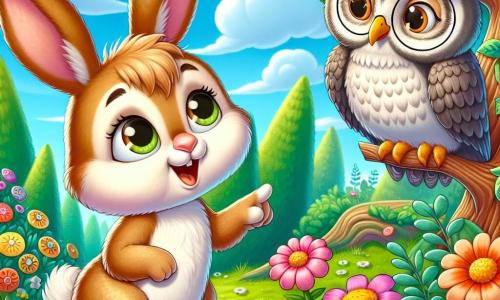 Ein kleiner Hase namens Linus mit großen Ohren und weichem, braunem Fell schaut neugierig und staunend, seine Augen sprühen vor Fragen. Er steht auf einem kleinen, grünen Hügel, umgeben von bunten Blumen, die Geheimnisse zu flüstern scheinen. Neben ihm sitzt eine alte Eule namens Eulalia mit grauem Gefieder und runden Brillen, die Linus mit einem weisen Lächeln beobachtet, ihre Augen glänzen vor Verständnis. Sie sitzt auf einem Ast, umgeben von leuchtend grünen Blättern, und scheint bereit, ihr Wissen zu teilen. Der Ort ist ein magischer Garten, gefüllt mit lebhaften Blumen, großen Bäumen mit knorrigen Stämmen und einem strahlend blauen Himmel, der mit fluffigen Wolken bedeckt ist. In dieser Szene fragt sich Linus, warum er hier ist, während Eulalia ihm Ratschläge gibt und eine Atmosphäre des Staunens und der Entdeckung schafft.