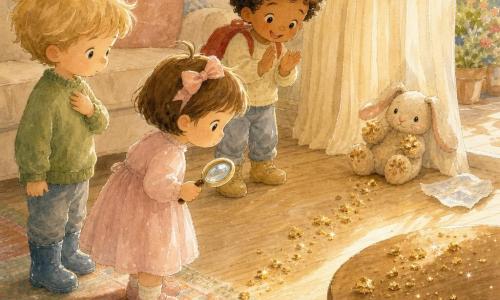 Hay tres niños: Lía, 3 años, niña de cabello castaño corto con un mechón grande, vestido rosa pálido y lazo, sostiene una lupa de juguete y mira hacia una mesa a su derecha; Tom, 3 años, niño de cabello rubio alborotado, botas azules y jersey verde, a la izquierda de Lía con la mano en el pecho como un pequeño detective; Sami, 3 años, piel morena y cabello rizado negro, con una pequeña mochila roja, detrás de ellos inclinando la cabeza y aplaudiendo entusiasmado. En un patio luminoso de casa con suelo de madera claro, alfombra colorida, mesa baja redonda a la derecha cubierta de migas, sofá beige y cortina crema parcialmente corrida con un rayo de sol diagonal. Los tres siguen una línea de migas brillantes que conduce a una conejita de peluche cerca de la cortina: Pipa la peluche tiene las patas cubiertas de migas, sonríe y hay una notita arrugada a su lado, mostrando el descubrimiento alegre.