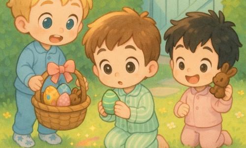 Drie jongens: Milo (±6) met kort bruin haar en een lichtgroen gestreept pyjama knielt middenvoor bij een rieten mandje en houdt een groen gestreept chocolade-ei; Bo (±5) met blond haar en een blauw pyjama staat links, houdt het mandje met beide handen en kijkt verwonderd; Sam (±4) met warrig zwart haar en een lichtroze pyjama staat rechts en houdt een klein chocoladekonijntje bij zijn oor. Tuin in lente: glanzend groen gazon met kleine gele en witte bloemen, dichte groene haag, grijs steenpad en een lichtblauwe houten tuinpoort op de achtergrond, zachte ochtendlichtsfeer. Situatie: de jongens ontdekken een mandje onder de haag dat versierd is met een roze lint en gevuld met kleurige eieren (goud, blauw met stippen, roze gestreept) en kleine chocoladekonijntjes; regenboogvoetjes leiden van de haag naar het mandje met gouden vonkjes eromheen; vrolijke, verbaasde chibi-kawaii stijl, felle kleuren en zachte texturen.