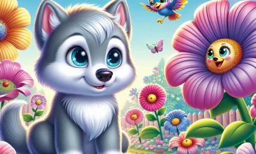 Un piccolo lupo di nome Lupoletto, con un pelo morbido e argentato, occhi brillanti di curiosità e un grande sorriso, si trova al centro di un giardino magico, circondato da fiori colorati che sembrano danzare. A destra, un uccello dalle piume blu e gialle, con uno sguardo gioioso, canta allegramente, le ali leggermente spiegate. A sinistra, fiori dai volti sorridenti, con petali rosa e viola, si piegano verso Lupoletto, come se lo ascoltassero attentamente. Il giardino è pieno di fiori giganti dai colori vivaci, con foglie lucenti e farfalle che svolazzano, sotto un cielo azzurro chiaro punteggiato di nuvole soffici. Lupoletto condivide la sua scoperta sull'amore e l'amicizia con i suoi nuovi amici, mentre i fiori e l'uccello lo ascoltano con meraviglia, creando un'atmosfera di gioia e magia.