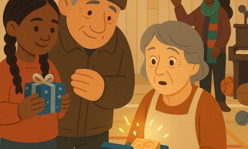 Marta, 12 anni, viso rotondo, trecce brune e sguardo caldo e deciso, tiene contro il petto un pacchetto rettangolare blu con stelle argento; accanto a lei Gino, il bidello di circa 55 anni, con berretto stropicciato e sorriso timido, osserva emozionato; Teresa, circa 60 anni, capelli grigi e grembiule semplice, è seduta nella palestra e apre il pacco mentre la luce illumina il suo volto; la professoressa Riva, intorno ai 40 anni, con lunga sciarpa colorata, sta sullo sfondo vicino a un pianoforte con mano alzata; luogo: palestra scolastica con pareti in legno chiaro, pavimento segnato, luci natalizie appese e atmosfera calda; il regalo senza etichetta mostra un fiocco argentato e all'interno una piccola saponetta di legno scintillante.