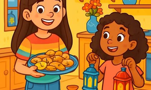 Una niña de 12 años, Lucía, con largos cabellos castaños y ojos llenos de curiosidad, está de pie en una cocina acogedora, con una sonrisa radiante en su rostro. Lleva una camiseta colorida y pantalones de mezclilla, sosteniendo un gran plato de deliciosos pasteles marroquíes. A su lado, Amina, una niña de 11 años con cabello rizado y piel caramelo, la observa con entusiasmo, con los brazos llenos de linternas decorativas. La cocina está llena de colores vivos, con paredes pintadas de amarillo claro, estanterías de madera adornadas con tarros de especias y flores frescas. Una gran mesa de madera está en el centro, cubierta de platos tradicionales, frutas y bebidas gaseosas. La escena representa un momento alegre donde Lucía y Amina preparan juntas un iftar, compartiendo risas e historias, rodeadas de un ambiente festivo y cálido, iluminado por la suave luz de las linternas.