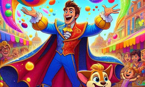 Un uomo, Super Giulio, si trova al centro della scena con un grande sorriso entusiasta. Indossa un costume blu e rosso, decorato con una grande 