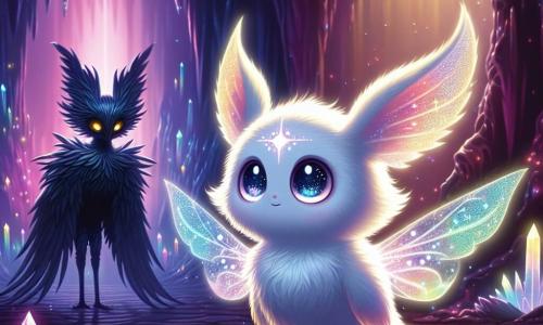 Lúmina, una pequeña criatura mágica con un cuerpo esponjoso que brilla como las estrellas, se encuentra en el centro de una caverna oscura, con sus grandes ojos luminosos llenos de asombro y determinación. Sus alas delicadas, de colores pastel, se abren ligeramente, iluminando la oscuridad circundante. A su lado, Nocturna, un gran pájaro negro con plumas brillantes y ojos como diamantes, la observa con sabiduría y aliento, listo para guiarla. En la sombra, una silueta oscura y amenazante, que representa el miedo, se perfila, con contornos difusos y ojos penetrantes, pareciendo querer apoderarse de la luz. La caverna está adornada con cristales brillantes que proyectan reflejos coloridos en las paredes, mientras una luz dorada emana de un cristal central, atrayendo todas las miradas. La atmósfera es a la vez misteriosa y mágica, con sombras danzantes que añaden un toque de temor. La situación principal muestra a Lúmina cantando con valentía, su voz resonando en la caverna, mientras intenta liberar el cristal luminoso de las garras de la silueta oscura, simbolizando la lucha entre la luz y la oscuridad.