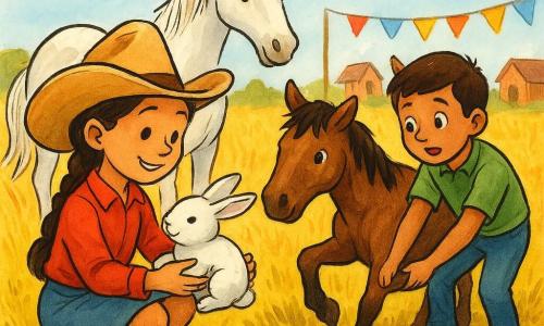 Mara, o tânără cowgirl curajoasă și zâmbitoare cu păr șaten împletit, joben bej mare și cizme roșii strălucitoare, genuflexă și mângâie un iepuraș alb mic liniștit; lângă ea un băiat de ~10 ani cu cămașă verde și păr scurt chihlimbar ajută la eliberarea copitei unui cal brun blocat într-o groapă mică; în spate, Luna, o iapă albă cu coamă mătăsoasă, cu urechile ridicate, gata să pornească; scena are loc pe o câmpie cu grâu galben sub cer senin, cu drum de pământ, câteva pietre, steaguri colorate și case de lemn difuze la orizont, atmosfera fiind caldă și solidară, cu gesturi blânde, zâmbete și contururi bine definite.