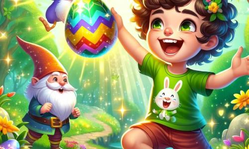 A 10-year-old boy named Max, with curly hair and a green t-shirt featuring a large rabbit, has a radiant expression of joy on his face. He is jumping with happiness, holding a colorful egg in his hands, surrounded by a shimmering aura of magic. Next to him, a small purple bird with shiny feathers and sparkling eyes joyfully flies, seemingly encouraging Max on his adventure. A gnome with white hair and a bushy beard, wearing a pointed hat, stands near a tree, smiling and applauding Max for his bravery. The setting is a spring park filled with vibrant flowers, large green trees, and a sparkling path leading to a magical clearing. Colorful Easter eggs are hidden in the grass, illuminated by sunlight. The main scene shows Max discovering a magical egg, with a golden light shining from it, creating an enchanted and joyful atmosphere around him.