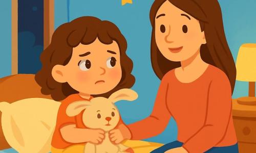 A 4-year-old girl with curly brown hair and sparkling eyes is sitting on her bed. She looks worried but determined, holding her stuffed bunny with big ears. Next to her, her mother, a gentle woman in her thirties with long brown hair, smiles tenderly while sitting on the edge of the bed. The room is warm, with pastel blue walls, golden stars stuck to the ceiling, and a small lamp emitting a soft, reassuring light. The little girl is looking toward the slightly open door, where darkness mixes with the night light, preparing to face her fear.