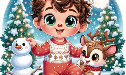 Un niño pequeño de 1 año, con grandes ojos brillantes y cabello rizado castaño, sonríe alegremente mientras juega en la nieve. Lleva un traje rojo con motivos de copos de nieve y botas negras. A su lado, un pequeño reno llamado Reni, con pelaje marrón y nariz roja, salta alegremente, con sus grandes orejas enhiestas, listo para jugar. La escena transcurre en un paisaje invernal encantador, con copos de nieve cayendo suavemente, pinos verdes adornados con guirnaldas luminosas y una luna llena iluminando el cielo estrellado. El niño y Reni construyen un muñeco de nieve, riendo y divirtiéndose juntos, creando recuerdos mágicos bajo las estrellas.