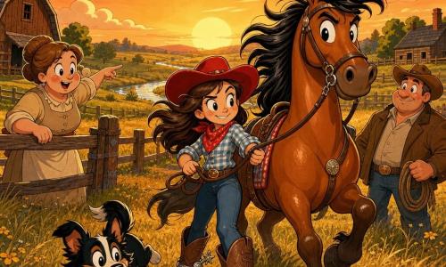 De hoofdpersoon is een jonge cowgirl van ongeveer 12–14 jaar met een vastberaden glimlach en ondeugende blik, in een rood cowgirlhoed, lichtblauw geruit hemd, felrood bandana en bruine leren laarzen met glimmende sporen; ze houdt de teugels van haar paard en slaat zacht op diens flank. Het paard Storm is een groot glanzend kastanjebruin paard met zwarte manen in de wind, alert en klaar om te galopperen, iets voor en rechts van de cowgirl. Bobbie is een klein tricolor reutje met puntige oren en speelse ogen, rondspringend bij de laarzen en kwispelend. Mevrouw Brown is een vriendelijke vrouw van ongeveer 40–50 jaar in een beige boerenjurk, links bij een houten omheining en wijzend naar een verdwenen kalfje. Meneer Smith is een man van circa 45–55 jaar met robuuste bouw en bruine boerenjas, iets achteraan, verlegen glimlachend, met een touw in de hand en respectvol kijkend naar de cowgirl. De scène speelt zich af in een uitgestrekt goudgeel weiland bij zonsondergang met wuivend hoog gras, gele bloempjes, een glinsterend beekje op de achtergrond en twee houten boerderijen gescheiden door een omheining met een gerepareerd gat. Situatie: de cowgirl stelt een nerveus kalfje aan de rand van het beekje gerust; warme, vredige sfeer, dynamische compositie met centraal samengevoegde personages, verzadigde kleuren, zachte contrasten, ronde expressieve vormen en een oranje hemel met gestileerde wolken.