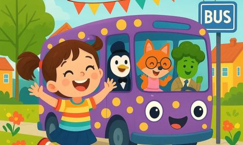 A 6-year-old girl named Mia, with brown hair in pigtails, wears shiny red shoes and a colorful striped t-shirt. She has a big joyful smile, sparkling eyes, and is jumping on one foot with her arms raised. Next to her, a penguin in a suit with a black bow tie drives a purple bus with yellow polka dots, showing an enthusiastic expression. Inside the bus, a fox in a pink tutu, wearing round glasses, claps while laughing, and a broccoli in a suit with a briefcase smiles politely. The setting is a sunny street with brightly colored houses, vibrant green trees, and multicolored flowers lining the sidewalk. The bus, with bulging eyes and plush ears, is parked at a bus stop decorated with balloons and garlands. The main scene shows Mia joyfully jumping in front of the whimsical bus while the penguin and other passengers have fun, creating a festive and happy atmosphere.