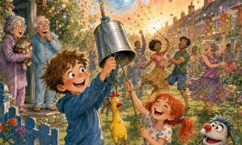 A mischievous 10-year-old boy with tousled hair and rosy cheeks grins holding a homemade bell — a silver can with dangling keys and a yellow rubber chicken on a blue string — while a girl of about 10, Felicity, with red pigtails and a polka-dot tee laughs and pulls the rope; above the bell a translucent cloud-like spirit called Whiff scatters sparkling confetti, a sock-puppet named Sir Fluffykins perches on a wooden table edge watching, two elderly neighbors (a gray-haired woman holding a cat and a man in striped pajamas) stand amused on their doorstep, and the suburban garden at dawn (mown lawn, colorful flowers, blue wooden gate, red brick houses and a pink-orange sky) erupts into an exuberant, slightly chaotic dance as the bell honks, cries and jingles.