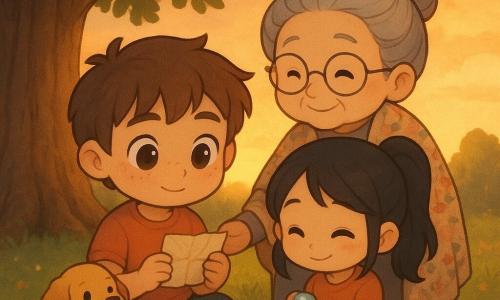 A peaceful sunset scene under an old oak: a 10-year-old boy with a round freckled face and messy brown hair sits on the ground holding a crumpled small card; beside him slightly to the right sits Zara, about 10, with black pigtails, a relieved shy smile, holding a shiny stone; behind them stands their grandmother, about 70, gray hair in a bun, round glasses and a warm smile, hand on the boy’s shoulder and wearing a floral shawl; a small golden dog named Bobo sits at the boy’s feet, tail wagging; they are gathered in a circle around the trunk, each holding a precious object (toy mouse, miniature bird feeder, lucky stone, the card), soft grass and wildflowers underfoot, an orange sunset filtering through dark green leaves, warm pastel tones and long golden shadows creating a tender, serene atmosphere.