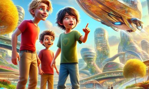 In een futuristisch park in Lichtenstad staan drie jongens samen, vol opwinding. Finn, een zesjarig jongetje met tousled blond haar en sprankelende ogen, draagt een rood t-shirt en een blauwe short. Hij kijkt met verwondering naar de grote, glanzende luchtboot. Naast hem staat Sam, ook zes jaar, met bruin haar en ronde bril die hem slim doet lijken. Hij draagt een groene shirt en beige broek, en wijst naar de fascinerende machine. Tot slot is er Joris, de derde jongen, met zwart haar en een ondeugende glimlach. Hij draagt een gele t-shirt en jeans, en maakt een verraste gebaar met zijn armen omhoog.

Het park is gevuld met felle kleuren, met bomen met glinsterende bladeren en heldere bloemen die in de wind lijken te dansen. Op de achtergrond rijzen futuristische gebouwen met vreemde vormen de lucht in, hun glazen gevels reflecteren de zon. De luchtboot, een vliegende auto met felle kleuren, staat in het midden van het park, omringd door wetenschappers in glanzende kostuums die druk in de weer zijn.

De drie vrienden staan op het punt om in de luchtboot te stappen voor een grote reis in de lucht, klaar om een ongelooflijk avontuur te beleven in hun futuristische stad.