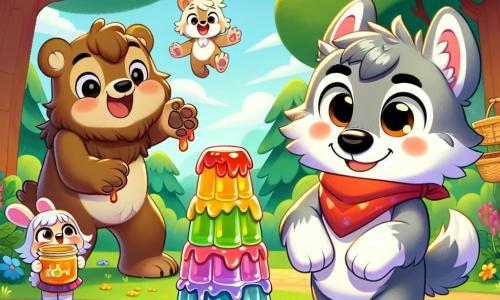 An illustration depicts a small wolf, a cheerful boy with gray fur and sparkling eyes, proudly smiling as he presents a tall, wobbly tower of colorful jelly in front of him. He wears a small red scarf around his neck, and his paws are slightly splattered with jelly, showing his excitement. Next to him, a bear, a sturdy boy with brown fur and gentle eyes, admires the tower with a wide smile, holding a jar of honey in his paws, ready to support his friend. A little further away, a small rabbit girl with long ears and white fur jumps for joy, her eyes shining with excitement as she enthusiastically claps for the wolf. The main setting is a sunny clearing surrounded by majestic trees with vibrant green leaves, adorned with colorful flowers swaying in the breeze. A large oak stands at the center, decorated with a sign announcing the jelly contest. The main scene shows the wolf, proud of his creation, surrounded by his friends, all gathered to celebrate the jelly contest, where friendship and creativity shine as brightly as the colors of the jelly. Other graphic elements include pots of jelly in various colors, flower garlands hanging between the trees, and laughter and joy floating in the air, creating a festive and warm atmosphere.