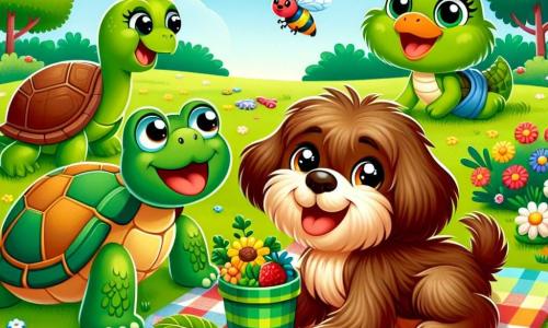 Un perro llamado Max, con pelaje marrón y ojos brillantes de curiosidad, está sentado en la hierba verde, sonriendo alegremente mientras sostiene un pequeño mantel de picnic. A su lado, Tula, una tortuga con caparazón verde y ojos dulces, se mueve lentamente llevando hojas frescas en su espalda. Rita, una rana verde con grandes ojos redondos, salta alegremente, sosteniendo una mosca con sus patas delanteras. Lolo, un loro colorido con plumas rojas, amarillas y verdes, está posado en una rama, cantando alegremente. El lugar es un bonito parque soleado, lleno de flores coloridas, árboles majestuosos y un cielo azul claro. En el centro, un gran mantel a cuadros está extendido sobre la hierba, rodeado de risas y alegría. La situación principal muestra a Max y sus amigos preparando su picnic, compartiendo risas y alimentos divertidos, creando una atmósfera de camaradería y felicidad.