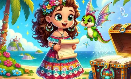 Una niña de 6 años, llamada Sofía, está en el centro de la escena con una gran sonrisa de asombro en su rostro. Tiene el cabello rizado, color castaño, y lleva un vestido colorido adornado con flores y sandalias brillantes. Sostiene un viejo pergamino en sus manos, mirando a su alrededor con emoción. A su lado, un pequeño dragón verde llamado Chispa, del tamaño de un gato, flota en el aire con alas translúcidas y brillantes. Tiene ojos chispeantes y una sonrisa amigable, y parece listo para ayudarla en su aventura. El decorado es una isla mágica, con palmeras de hojas exuberantes, flores coloridas que cantan suavemente, y un cielo azul brillante salpicado de nubes blancas y esponjosas. En el centro de la isla, un gran cofre del tesoro, decorado con joyas brillantes, está abierto, revelando un libro gigante en su interior. La situación principal muestra a Sofía y Chispa descubriendo el libro en el cofre, rodeados de flores cantantes, mientras celebran su descubrimiento con gestos de alegría y asombro.